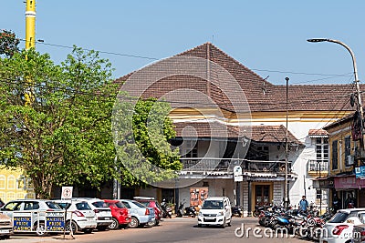 Vintage Portuguese era architecture with tiled roofs on a street in Fontainhas in the city of Editorial Stock Photo