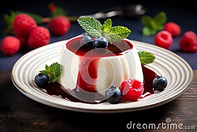 Panna cotta with berry compote tasty dessert background Stock Photo