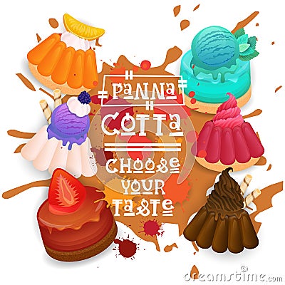 Panna Cotta Set Desserts Collection Colorful Icon Choose Your Taste Cafe Poster Vector Illustration