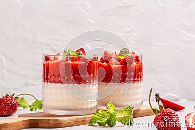 Pannacotta with strawberries. Delicious italian dessert panna cotta vanilla strawberry Stock Photo
