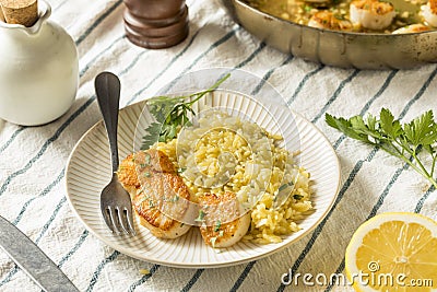 Panned Seared Scallops in Broth Stock Photo