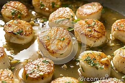 Panned Seared Scallops in Broth Stock Photo