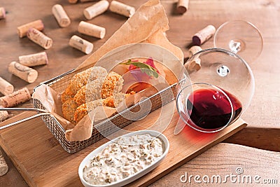 Panning tongue of beef veal with yoghurt salad and red wine Stock Photo