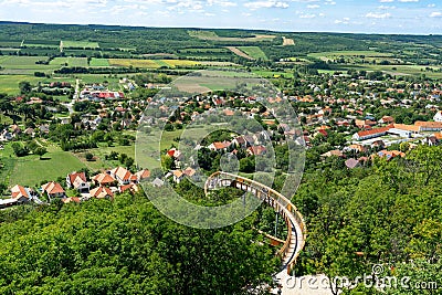 09.11.2020 - Pannonhalma, Hungary: adventure over the woods and the city wooden tree crown path way trail over Editorial Stock Photo