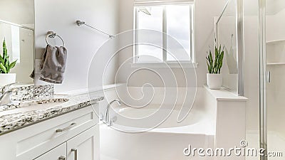 Pano White bathroom with tub, shower stall with glass and vanity cabinet with marble top, sink and mirror Stock Photo