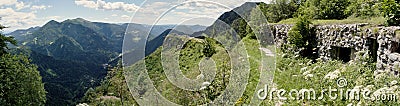 Panorama with abandoned barracks below of summit of Slatnik in Julian Alps in Slovenia Stock Photo