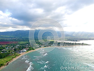 Panorama Aerial Drone View of Waikiki Beach Honolulu Hawaii USA taken from Diamond head. Stock Photo