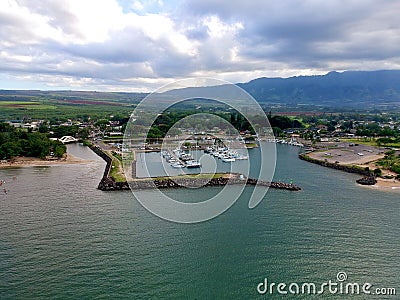 Panorama Aerial Drone View of Waikiki Beach Honolulu Hawaii USA taken from Diamond head. Resorts hotels on the white sandy beach Stock Photo