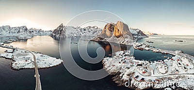 Panorama aerial view of archipelago of arctic ocean with fishing village in winter Stock Photo