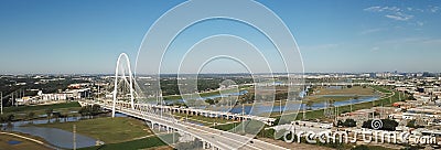 Panorama aerial view Margaret Hunt Hill, Ronald Kirk Bridge and Sylvan Avenue with suburbs of downtown Dallas, Texas Editorial Stock Photo