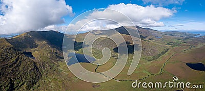 Panorama aerial view of the Mountains of the Central Dingle Peninsula and Connor Pass in County Kerry of Ireland Stock Photo