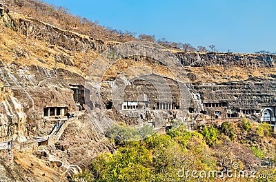 Panorama of the Ajanta Caves. UNESCO world heritage site in Maharashtra, India Editorial Stock Photo