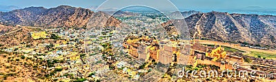 Panorama of Amer town with the Fort. A major tourist attraction in Jaipur - Rajasthan, India Stock Photo