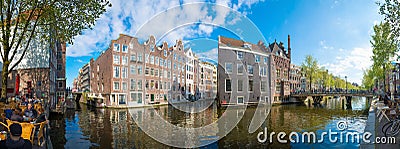 Panorama of Amsterdam. Typical dutch houses and bridges, Holland, Netherlands. Editorial Stock Photo