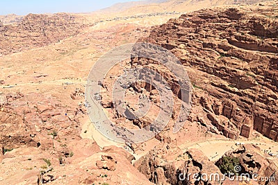 Panorama of ancient city of Petra with Royal Tombs seen from High place of sacrifice, Jordan Stock Photo