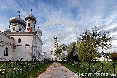 Panorama of the ancient male St. George Monastery in the suburbs of Veliky Novgorod. Stock Photo