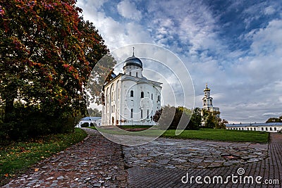 Panorama of the ancient male St. George Monastery in the suburbs of Veliky Novgorod. Stock Photo