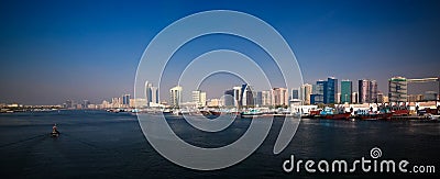 Panorama with arabic boats aka Dhow at Dubai creek, UAE Editorial Stock Photo