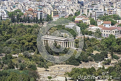 Panorama of Athens with view of the Agora and the Temple of Hermes in Greece. Editorial Stock Photo