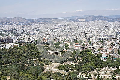 Panorama of Athens with view of the Agora and Temple of Hermes in Greece Editorial Stock Photo