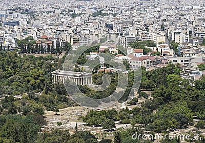 Panorama of Athens with view of the Agora and Temple of Hermes in Greece Editorial Stock Photo