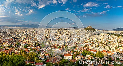 Panorama of Athens, view of Lycabettus mount from Acropolis foot, Greece. Skyline of Athens city center. Cityscape of historical Stock Photo
