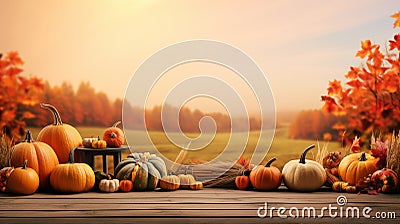 Panorama autumn background. Falling colorful autumn leaves, pumpkins, corn on golden sunset time. Stock Photo
