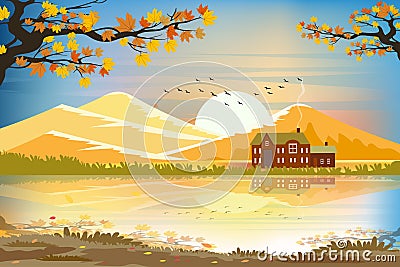 Panorama autumn landscape of countryside with beautiful sunset in evening.Vector illustration Cartoon farm field with reflection Vector Illustration