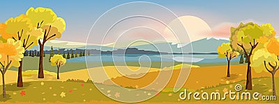 Panorama autumn landscape with yellow trees mountain and lake. Fantasy wonderland landscape in fall season. Vector Vector Illustration