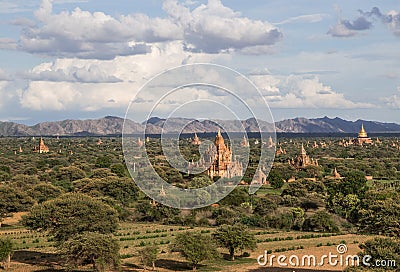 Panorama of Bagan temples bathed in golden sunlight Stock Photo