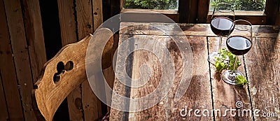 Panorama banner of red wine on a rustic bar table Stock Photo