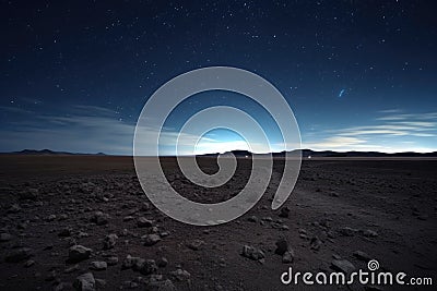 panorama of a barren landscape under a vast night sky Stock Photo