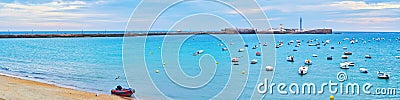 Panorama of Bay of Cadiz with San Sebastian Castle on horizon, Spain Editorial Stock Photo