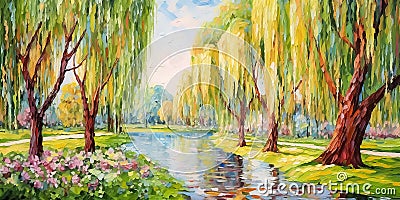 Panorama of beautiful spring landscape with willow trees and lake. Horizontal oil painting, impasto Stock Photo