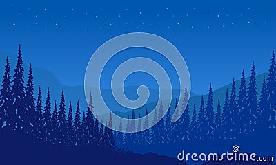Panorama of the beautiful starry sky with magnificent views of the mountains and forests from the edge of the city Vector Illustration