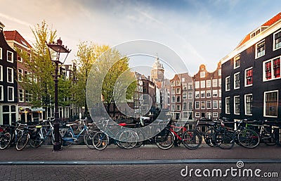 Panorama of beautifull Amsterdam bridge with bicycles, Holland Stock Photo