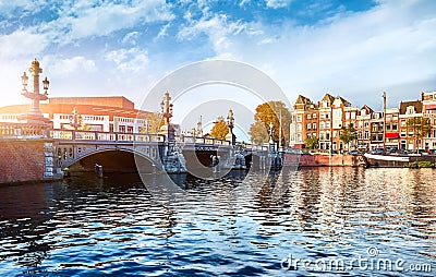 Panorama of Blue Bridge Blauwbrug in Amsterdam Stock Photo