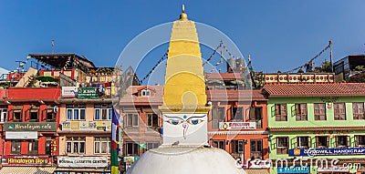 Panorama of the Boudhanath stupa in front of colorful houses in Kathmandu Editorial Stock Photo