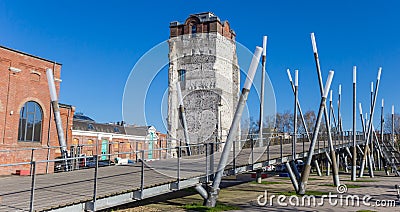 Panorama of a bridge and climbing wall in Gronau Stock Photo
