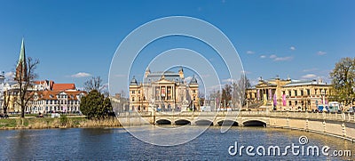 Panorama of the bridge and State Theatre in Schwerin Editorial Stock Photo