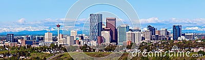 Panorama of Calgary and Rocky Mountains Stock Photo