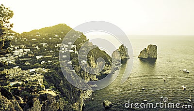 Panorama of Capri island with Faraglioni rocks Stock Photo