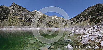 Panorama of Cavallers Lake and Pyrenees of Alta Ribagorca Stock Photo