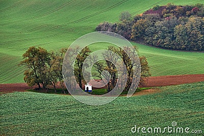 Panorama of the chapel st. Barbara on South Moravian fields during autumn time, Kyjov Czech Republic. Stock Photo