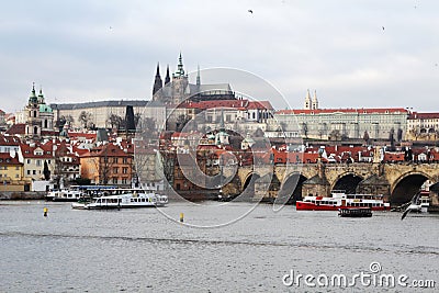 The panorama of the Charles bridge and Prazhsky Hrad in the center of Prague Stock Photo