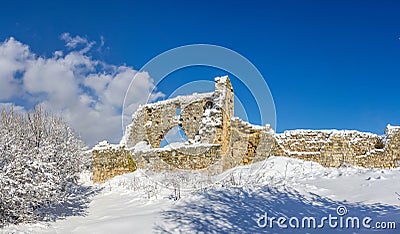 Panorama citadel of he ancient cave city of Mangup-Kale in the snow Stock Photo