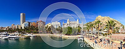 Panorama of the city of Alicante, Spain, view of the promenade and Mount Santa Barbara, Costa Blanca Editorial Stock Photo