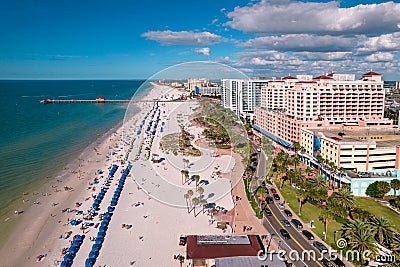 Panorama of City Clearwater Beach FL. Summer vacations in Florida. Beautiful View on Hotels and Resorts on Island. Stock Photo