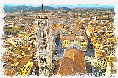 Imitation of a picture. Oil paint. Illustration. Florence. View from the height of bird flight Stock Photo