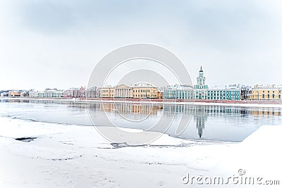 Panorama of the city, frozen Neva and view of the Kunstkamera in St. Petersburg, winter landscape Stock Photo